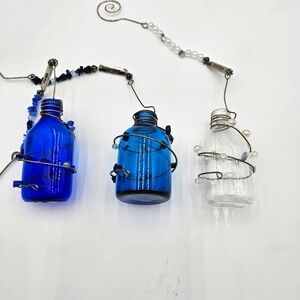 Cobalt Blue "Faith" Hanging Glass Bottle Set – Handmade New Creative (Set of 3)